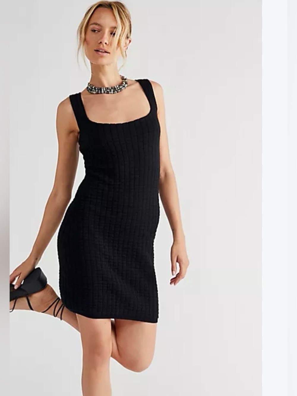 NWT FP Beach Short and Sweet Minidress. Black Ribbed Square-Neck Mini Dress. M